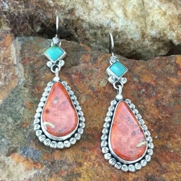 🔅🆕🔅 BoHo Vintage Silver Plated Coral Turquoise Decor Stones Drop Earrings✨ - Picture 6 of 13